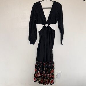 Anthropologie Black Long-Sleeve Cutout Maxi Dress with Floral Hem